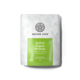 Das Nature Love Active Vegan Protein Pulver bietet natürlichen Himbeer-Zitrone-Geschmack und wertvolle pflanzliche Proteine für deine Power. Mit grünem Label und botanischen Illustrationen auf weißem Hintergrund.