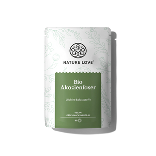 Eine Nature Love Bio Akazienfaser Pulver Packung mit weißem und grünem Design enthält lösliche Ballaststoffe, ist vegan, bietet 60 Portionen und kommt in hochwertiger Bio-Qualität.