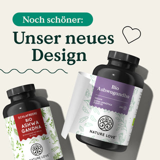 Zwei Dosen Nature Love Bio Ashwagandha Kapseln mit der Aufschrift „uner neues Design“.