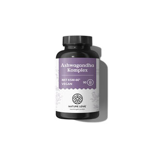 Auf weißem Hintergrund ist eine schwarze Flasche mit der Aufschrift „Ashwagandha Komplex Kapseln“ von Nature Love zu sehen, die 90 vegane Kapseln mit Ashwagandha und Vitamin B6 enthält.