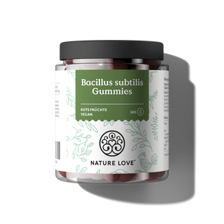 Ein durchsichtiges Glas mit der Aufschrift "Bacillus subtilis Gummies" von Nature Love enthält 100 rote, vegane probiotische Gummibärchen mit rotem Fruchtgeschmack zur Unterstützung der Darmflora.