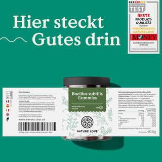 Eine Dose mit Nature Love Bacillus subtilis Gummies ohne Zuckerzusatz mit Qualitätssiegel auf grünem Hintergrund.