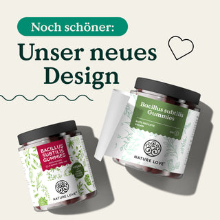 Zwei Dosen Nature Love Bacillus subtilis Gummies mit der Aufschrift „Unser neues Design“.