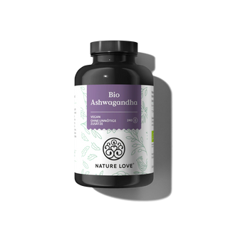 Eine schwarze Flasche Nature Love Bio Ashwagandha Kapseln mit einem lila-weißen Etikett, inspiriert vom Ayurveda, enthält 240 vegane Kapseln.