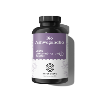 Nature Love Bio Ashwagandha Kapseln werden in einer schwarzen Flasche mit einem violett-weißen Etikett geliefert und bieten eine vegane ayurvedische Rezeptur mit 240 Kapseln.