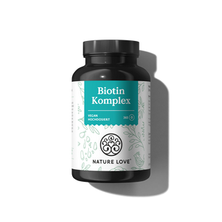 Eine Flasche Nature Love Biotin Komplex Tabletten, hochdosiertes Biotin mit Silizium und Zink, vegan und mit 365 Kapseln, dargestellt auf einem schlichten weißen Hintergrund.