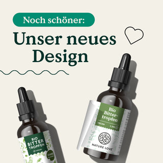 Eine Flasche Bio Bittertropfen ohne Alkohol von Nature Love und eine Flasche Bio Bittertropfen ohne Alkohol von Nature Love.