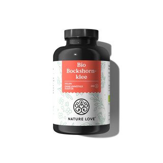 Eine schwarze Flasche Nature Love Bio Bockshornklee Kapseln mit rot-weißem Etikett und schwarzem Schraubverschluss enthält 240 vegane, vom Ayurveda inspirierte Kapseln.