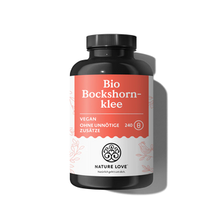 Auf hellem Hintergrund ist eine schwarze Flasche „Bio Bockshornklee Kapseln“ von Nature Love mit 240 veganen Kapseln und einem rot-weißen Etikett abgebildet.