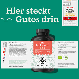 Eine Dose mit der Aufschrift Nature Love Bio Bockshornklee Kapseln. Hier steckt Gutes drin.