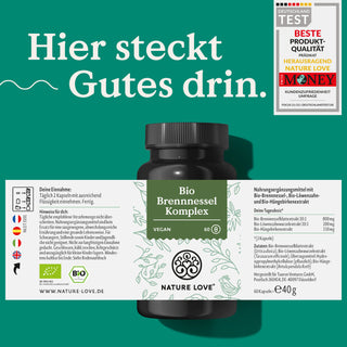 Eine Flasche mit der Aufschrift „Nature Love Bio Brennnessel Komplex Kapseln“ steckt drin.