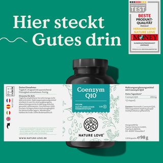 Eine Dose Nature Love Coenzym Q10 Kapseln mit Etikett.