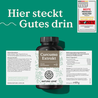 Eine Dose Nature Love Curcuma Extrakt 15.000 Kapseln mit Etikett mit der Aufschrift hier steckt gutes drin.