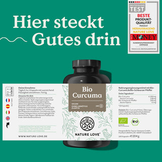 Eine Dose Nature Love Bio Curcuma Kapseln mit einem Etikett. „Hier steckt gutes drin.“