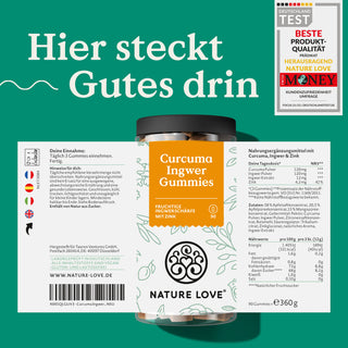 Curcuma Ingwer Zink Gummies mit Etikett von Nature Love.