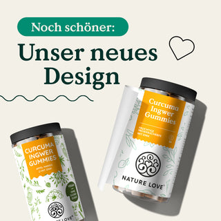 Zwei Dosen Curcuma Ingwer Zink Gummies im neuen Design von Nature Love.