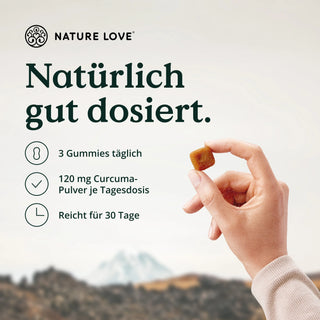 Eine Hand hält ein Curcuma-Ingwer-Zink-Gummi mit einem Berg im Hintergrund, angereichert mit Ingwer von Nature Love.