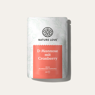 Ein Behälter mit dem Nahrungsergänzungsmittel Nature Love D-Mannose mit Cranberry Pulver, vegan gekennzeichnet für Flüssigkeitszufuhr.