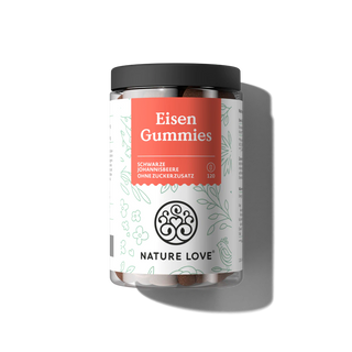 Eine durchsichtige Dose Nature Love Eisen Gummies mit schwarzem Deckel und rotem Etikett, die 120 vegane Gummibärchen zur bioverfügbaren Eisenergänzung enthält.