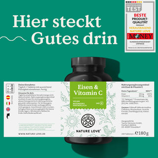 Eine Flasche Eisen & Vitamin C Tabletten der Marke Nature Love.