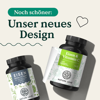 Eine Flasche Nature Love Eisen & Vitamin C Tabletten und eine Flasche Vitamin E.