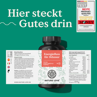 Eine Dose Nature Love Energiefluss für Männer Kapseln mit der Aufschrift heir steckt gutes drin.