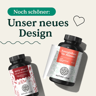 Zwei Dosen Nature Love Energiefluss für Männer Kapseln. Und der Text "Unser neues Design".