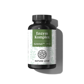 Eine schwarze Flasche Nature Love Enzym Komplex Kapseln mit 120 veganen Enzymkapseln, einschließlich Bromelain, ist mit einem grün-weißen Etikett und einer schwarzen Kappe versehen, die vor einem schlichten hellen Hintergrund abgebildet sind.
