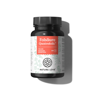 Eine schwarze Flasche Nature Love Folsäure Quatrefolic® Tabletten mit einem weiß-roten Etikett enthält 180 vegane Tabletten - perfekt für die Schwangerschaft.