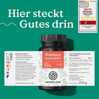 Eine Dose Nature Love Folsäure Tabletten mit Etikett und der Aufschrift "Hier steckt gutes drin."