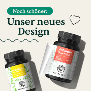 Zwei Dosen Nature Love Folsäure Tabletten mit dem Text „unser neues Design“.