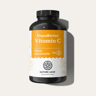 Schwarze Plastikflasche mit „Nature Love Gepuffertes Vitamin C Kapseln“ und einem weiß-orangefarbenen Etikett mit der Aufschrift „Gepuffertes Vitamin C“.