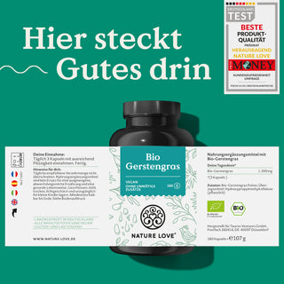 Eine Dose mit der Aufschrift Bio Gerstengras Kapseln von Nature Love.