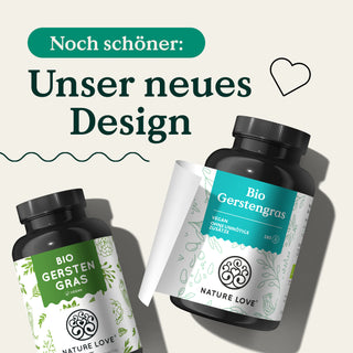 Zwei Dosen Nature Love Bio Gerstengras Kapseln mit dem Text „unser neues Design“.