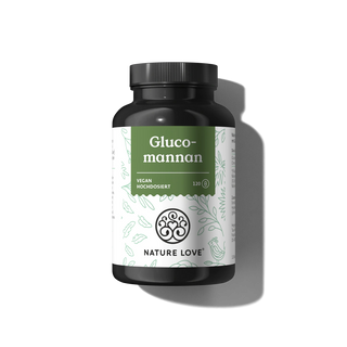 Eine schwarze Plastikflasche mit grünem und weißem Etikett für Nature Love Glucomannan Kapseln, die 120 vegane Kapseln enthält.