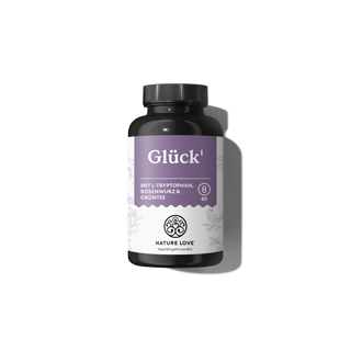 Eine schwarze Flasche „Glück Kapseln“ von Nature Love enthält 60 Kapseln mit L-Tryptophan, Rhodiola-Rosea-Extrakt, grünem Tee und wichtigen B-Vitaminen.