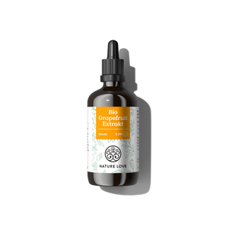 Braunglas-Tropfflasche "Bio Grapefruit Extrakt Tropfen" von Nature Love mit weiß-orangem Etikett mit Nature Love-Logo, Vegan-Zertifizierung und Bio-Qualität auf hellem Hintergrund.