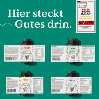 Das Nature Love Happy-Balance-Set zeigt vier Nahrungsergänzungsflaschen mit ihren Nährwertkennzeichnungen, einer Qualitätsauszeichnungsplakette und dem Satz "Hier steckt Gutes drin".
