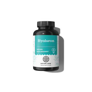 Eine schwarze Flasche der Marke Nature Love mit der Aufschrift „Hyaluron-Kapseln“ und türkisfarbenen Akzenten enthält vor weißem Hintergrund 90 vegane, hochdosierte Hyaluronsäure-Kapseln.