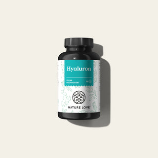 Eine Dose Nature Love Hyaluronsäure Kapseln auf weißem Hintergrund.