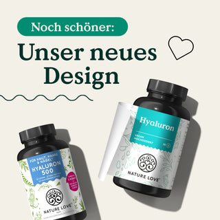 Zwei Dosen Nature Love Hyaluronsäure Kapseln im neuen Design.