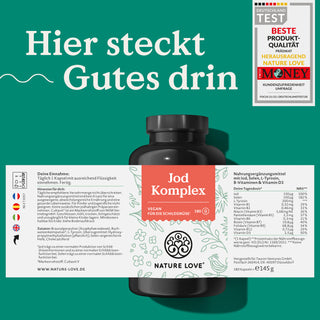 Eine Dose Nature Love Jod Komplex Kapseln mit Etikett. Hier steckt gutes drin.