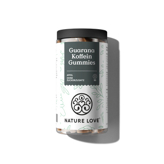 Eine Dose Nature Love Guarana Koffein Gummies mit Apfelgeschmack, mit natürlichen B-Vitaminen und veganer Energie, enthält 90 Stück und ist auf weißem Hintergrund abgebildet.