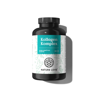 Auf weißem Hintergrund ist eine schwarze Flasche mit der Aufschrift "Kollagen Komplex Kapseln" von Nature Love mit 180 Kapseln abgebildet - ideal zur Unterstützung von Bindegewebe und für die tägliche Kollagen-Versorgung.