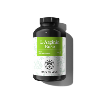 Eine schwarze Flasche der L-Arginin Base Kapseln von Nature Love mit einem grün-weißen Etikett ist auf einem schlichten, hellen Hintergrund abgebildet - perfekt für alle, die L-Arginin oder Aminosäure Kapseln in ihr tägliches Programm aufnehmen wollen.