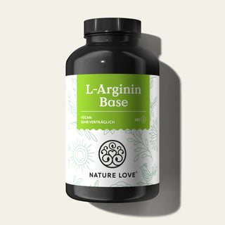 Eine Dose Nature Love L-Arginin Base Kapseln auf weißem Hintergrund.