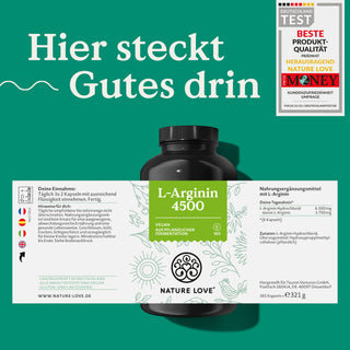 Eine Dose Nature Love L-Arginin HCL Kapseln 4500 mit Etikett.