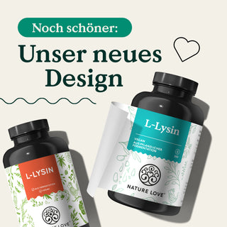 Zwei Dosen Nature Love L-Lysin Kapseln im neuen Design.