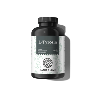 Eine schwarze Flasche mit der Aufschrift "L-Tyrosin Kapseln" von Nature Love, mit einer veganen Formel, weißen und grauen botanischen Illustrationen und einem schwarzen Schraubverschluss.