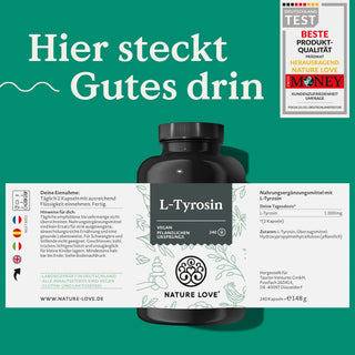 Eine Dose L-Tyrosin Kapseln von Nature Love mit Etikett auf grünem Hintergrund.